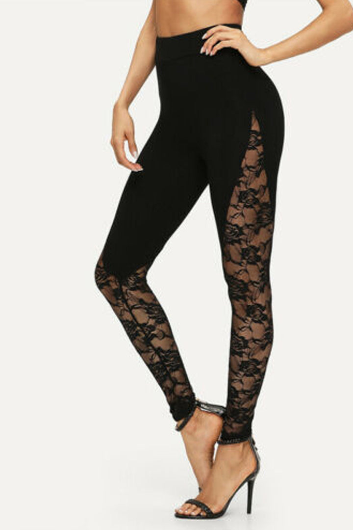 High Waisted Stretchy Black Skinny Leggings, Floral Mesh Side Leg Black Leggings