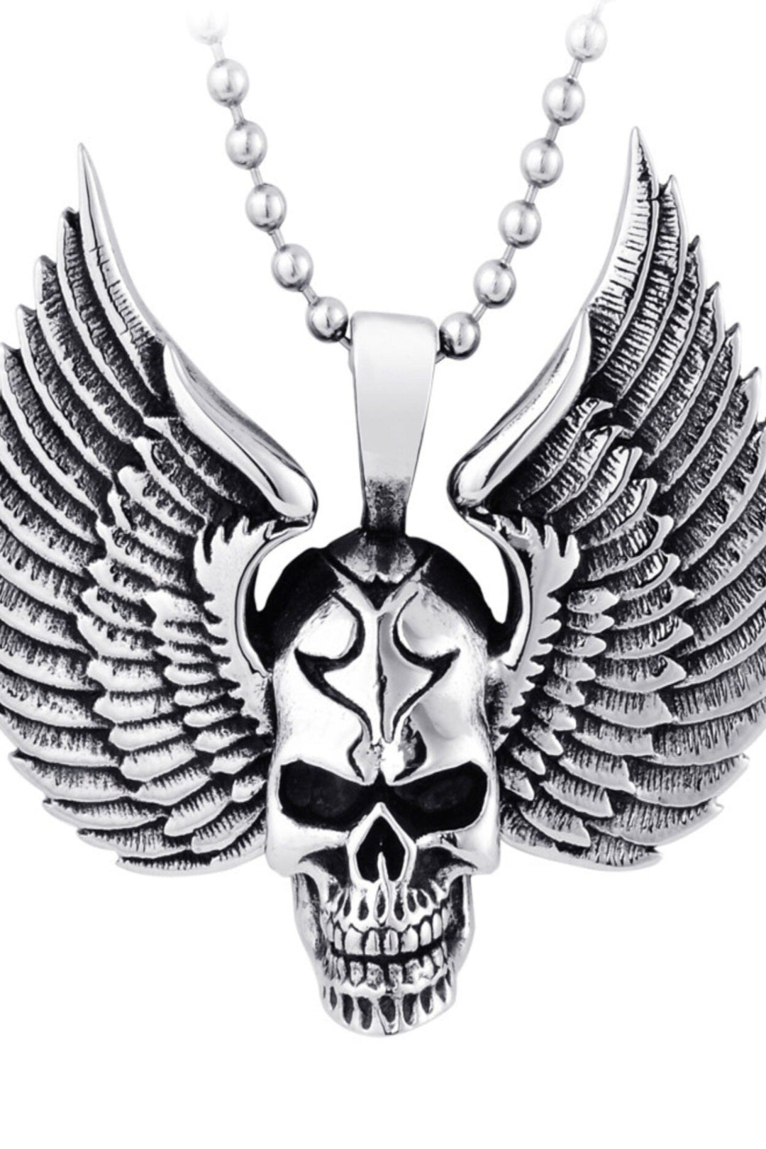 Wing Skull Pendant Necklace, Antique Silver Finish, Stainless Steel, Ideal Gift (48 Hour Dispatch)