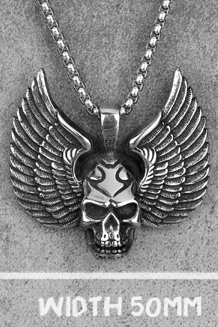 Wing Skull Pendant Necklace, Antique Silver Finish, Stainless Steel, Ideal Gift (48 Hour Dispatch)