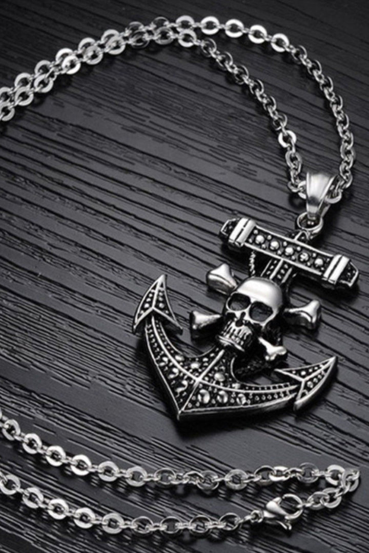 Anchor Skull Pendant Necklace, Antique Silver Finish, Stainless Steel, Ideal Gift (48 Hour Dispatch)