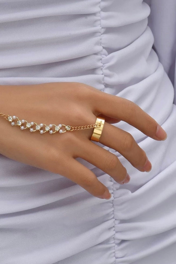 Rhinestone Pearl Chain Linked Finger Ring Bracelet Jewellery for Women Punk Cuban Chain Bracelet Link Hand Harness Lobster-claw-clasps (48 Hour Dispatch)