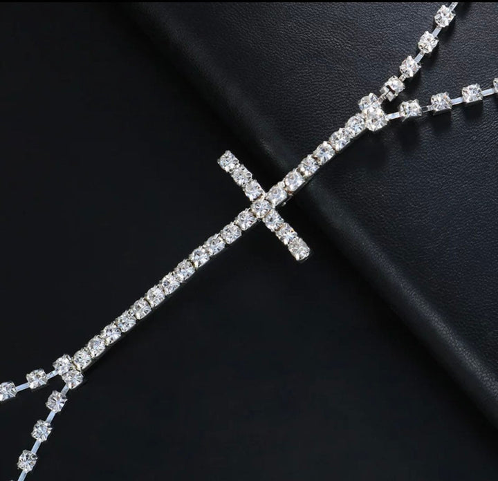 Cross Rhinestone Bra Chain Harness Rave Jewellery Festival Crystal Bikini Chest Necklace Body Chain, Silver, Belly Waist (48 Hour Dispatch)