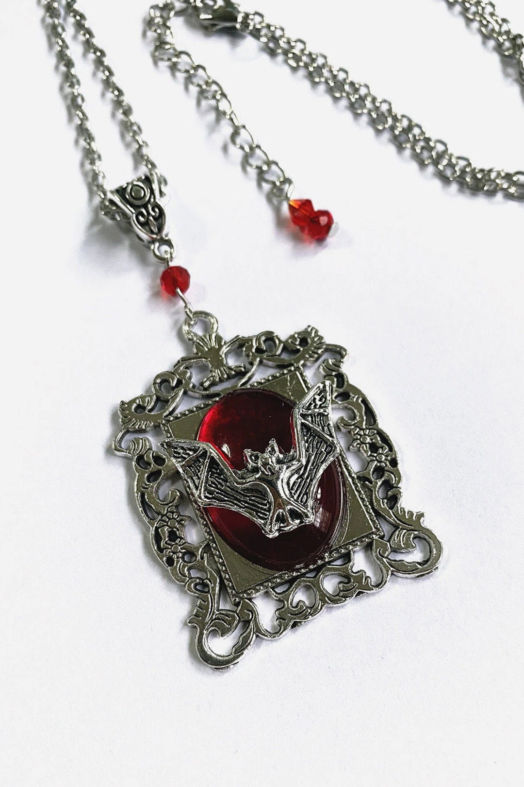 Gothic Metallic Vampire Bat Pendant Silver Chain Necklace, Resin Chunky Metal Necklace, Available in Red & Black (48 Hour Dispatch)