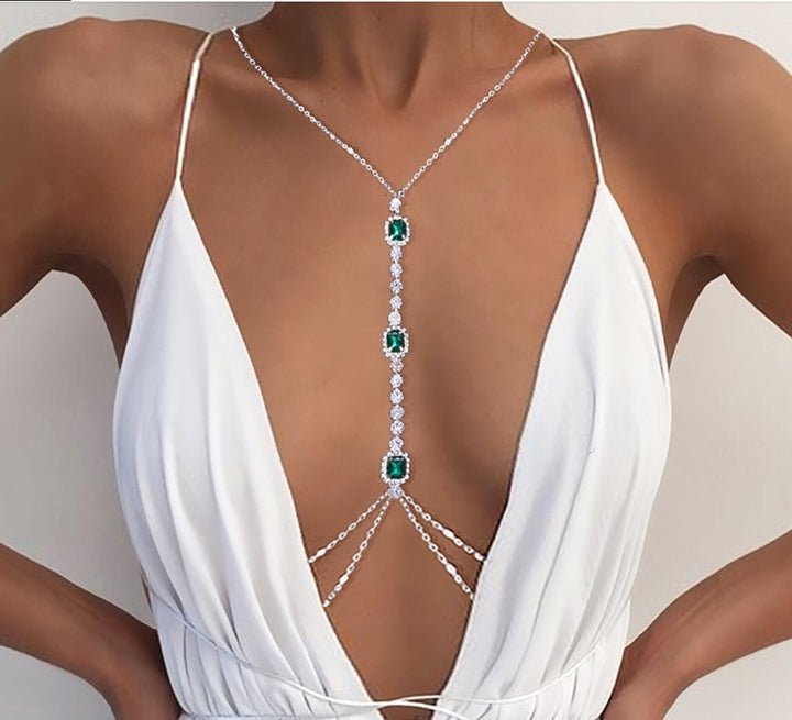 Green Crystal Bra Chain Harness Rave Jewellery Festival Rhinestone Jewellery Bikini Necklace Body Chain, Silver, Belly Waist (48 Hour Dispatch)