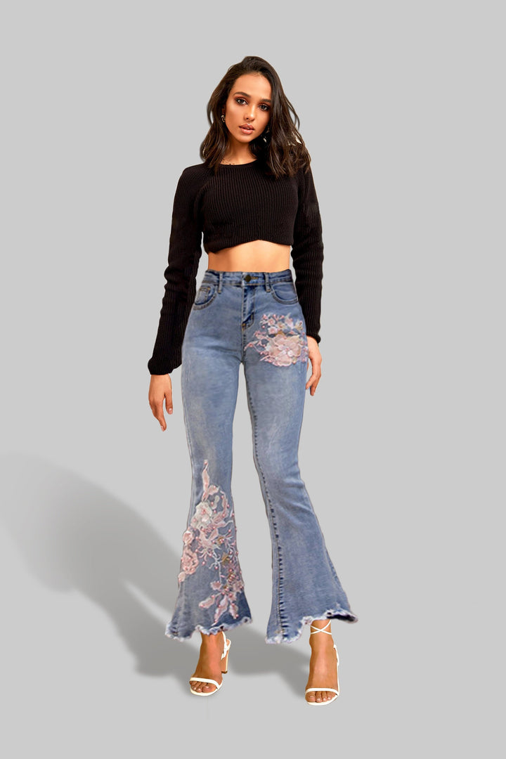 Flared Jeans, Boot Cut Jeans, Pink Floral Embellished Flare Frayed Hem Denim Jeans, High Rise Bell Bottom Ankle Length Jeans