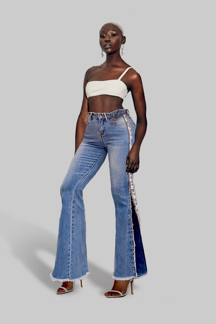 Flare Jeans, Silver Glitter Sequin Embellished Patchwork Flare Denim Jeans, High Rise Flared Jeans