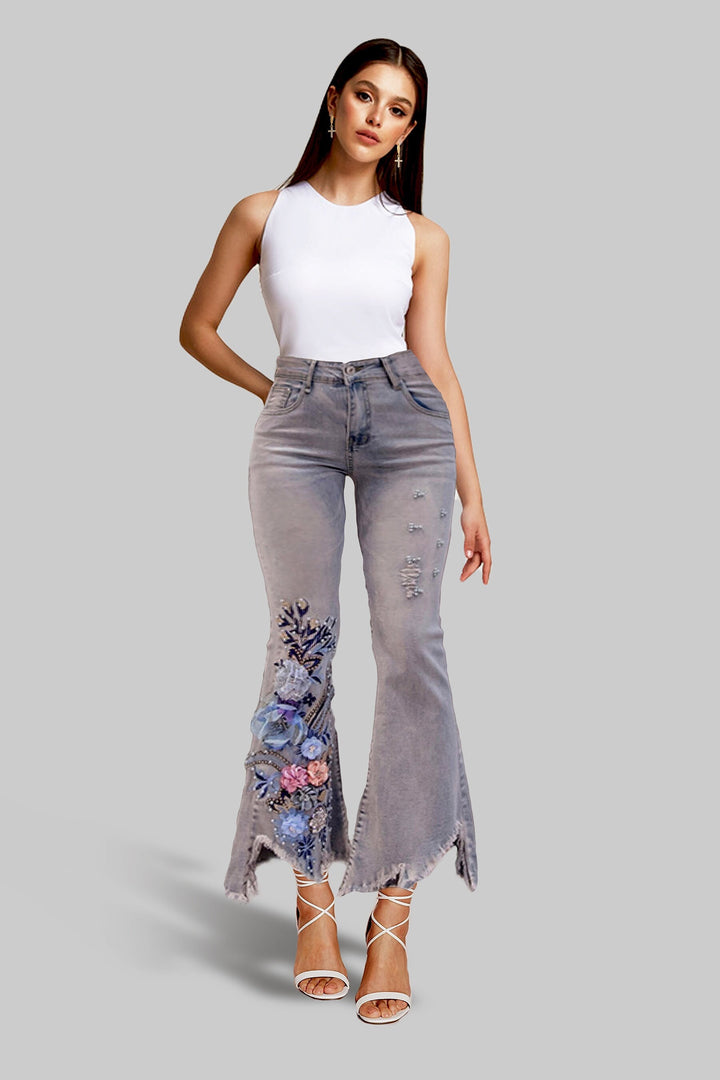 Flared Jeans, Floral Embellished Super Flare Frayed Hem Denim Jeans, Grey Wash High Rise Bell Bottom Ankle Length Jeans