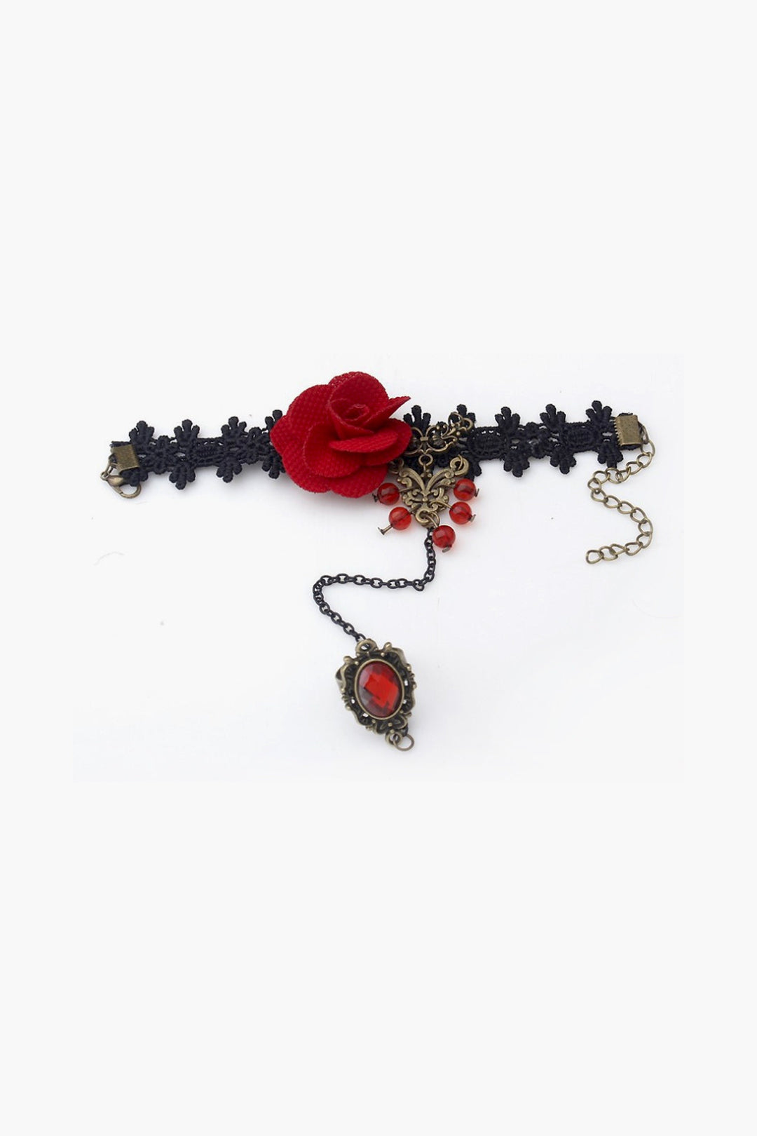 Lacy Floral Rose Red Rhinestone Decor Hollow Out Bracelet With Ring, Gold Metal Bracelet Ring Mittens (48 Hour Dispatch)