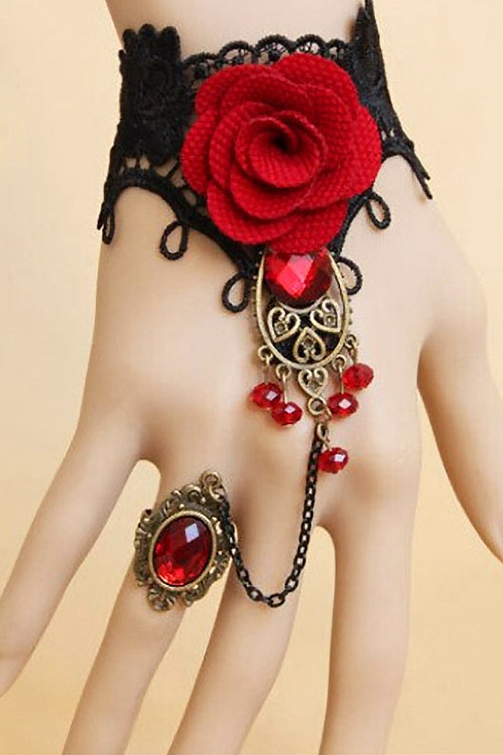 Lacy Floral Rose Red Rhinestone Decor Hollow Out Bracelet With Ring, Gold Metal Bracelet Ring Mittens (48 Hour Dispatch)