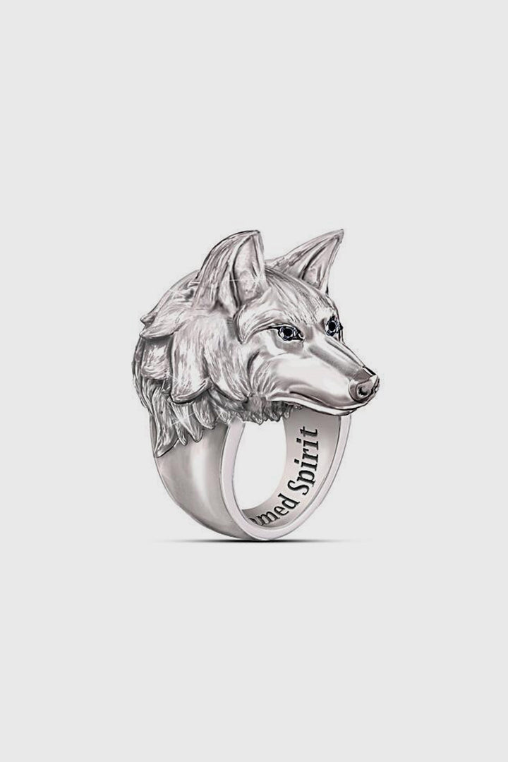 Silver Carved Wolf Inscription Ring, Silver Metal Decor Ring, Men's Chunky Ring (48 Hour Dispatch)