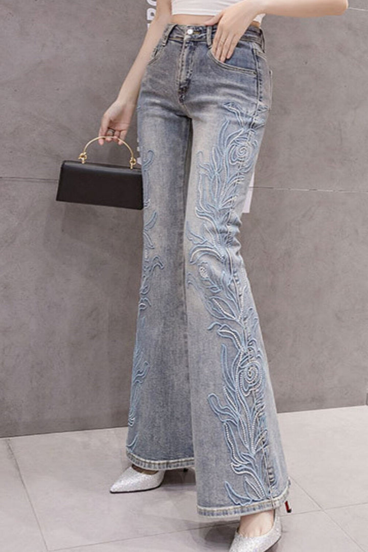 Y2K Floral Embroidered Minimalistic High Rise Denim Jeans, High Rise Flare Grey Wash Jeans