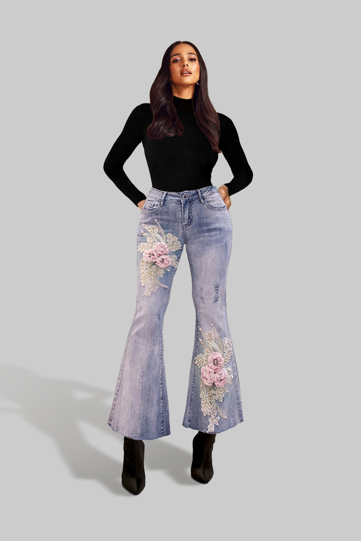 Pink Floral Embellished Flare Frayed Hem Denim Jeans, Grey Wash High Rise Ankle Length Jeans