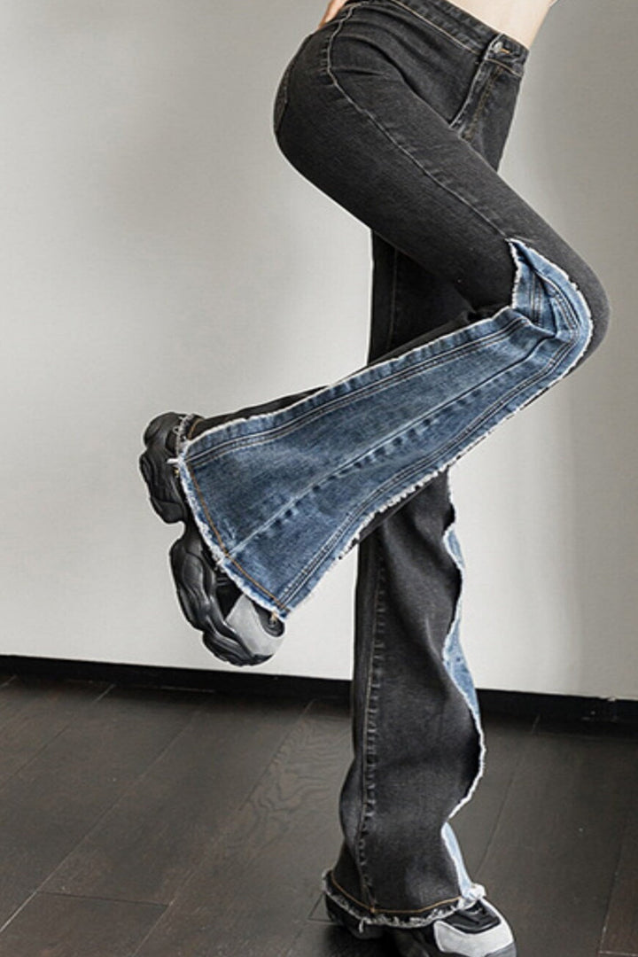 Black & Blue Wash Asymmetric Patchwork Denim Jeans, High Rise Flare Jeans