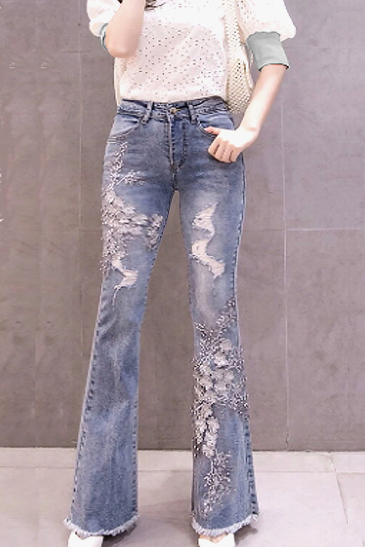 Silver Floral Embroidered & Pearl Embellished Frayed Ripped Denim Jeans, High Rise Flare Jeans