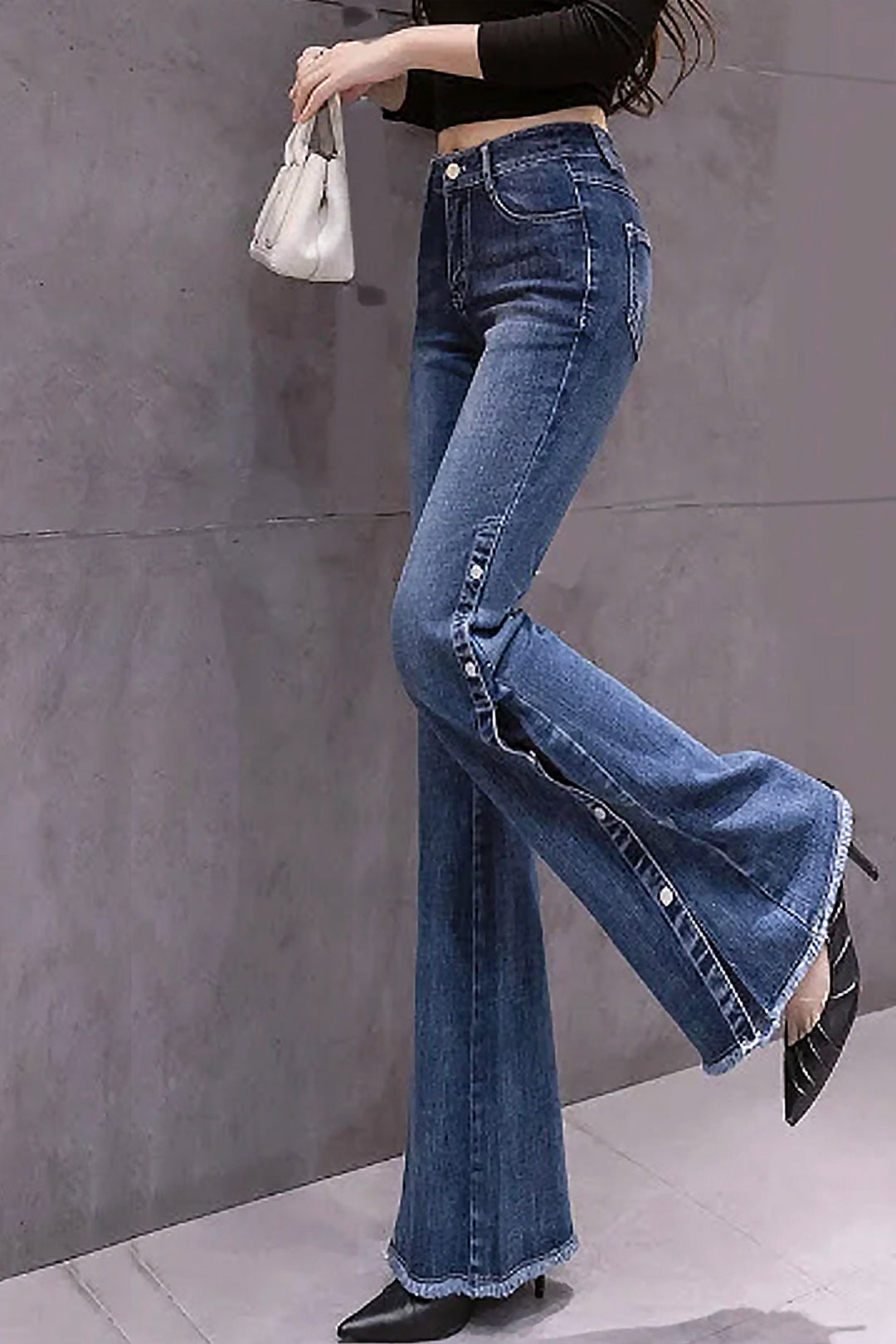 Vintage Look Popper Side Wide Leg Flare Denim Jeans, Dark Blue Wash High Rise Button Side Jeans