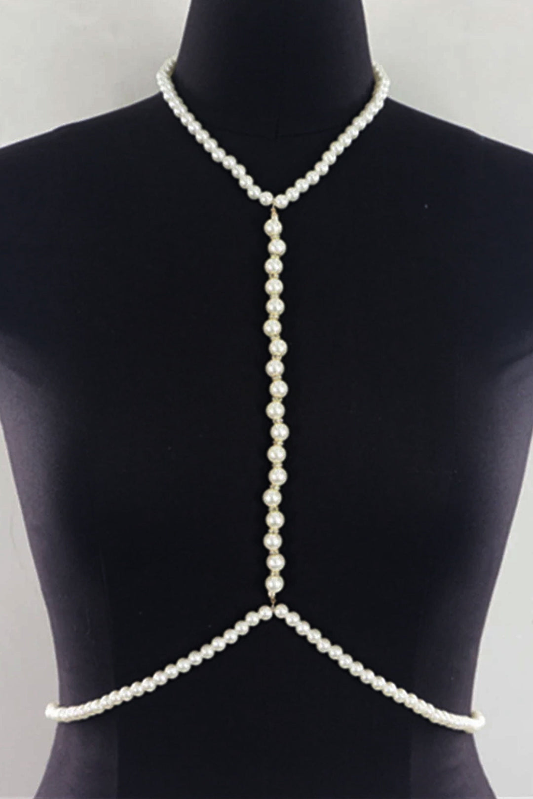 Y2K Silver Faux Pearl & Crystal Rhinestone Bra Body Chain Harness, Rave Jewelry Festival Bikini Necklace Body Chain  (48 Hour Dispatch)