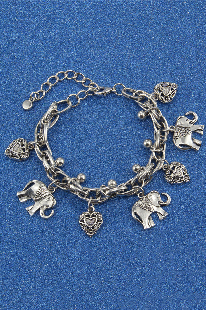 Y2K Dainty Elephant & Heart Pendant Silver Anklet, Chunky Minimalistic Trinket Charm Anklet  (48 Hour Dispatch)