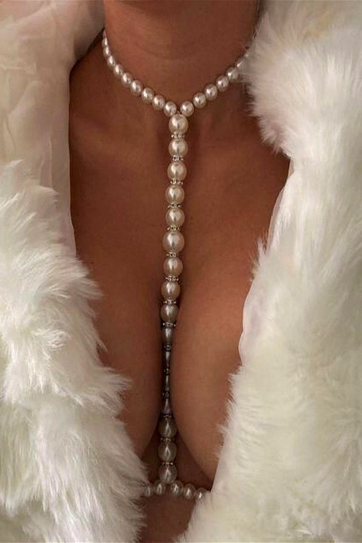 Y2K Silver Faux Pearl & Crystal Rhinestone Bra Body Chain Harness, Rave Jewelry Festival Bikini Necklace Body Chain  (48 Hour Dispatch)