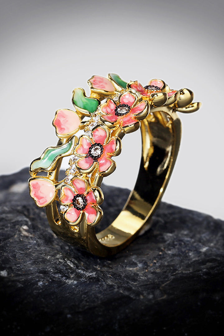 Y2K Gold Enamel Floral Decor Ring, Pink Flower Detailing Zircon Encrusted Ring (48 Hour Dispatch)