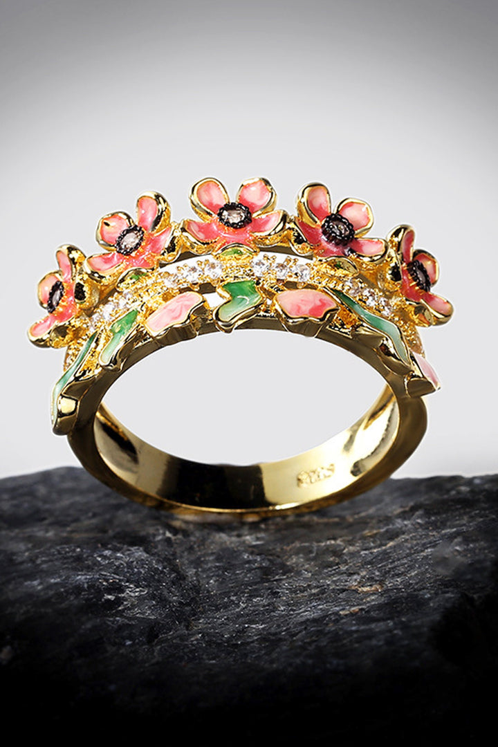 Y2K Gold Enamel Floral Decor Ring, Pink Flower Detailing Zircon Encrusted Ring (48 Hour Dispatch)