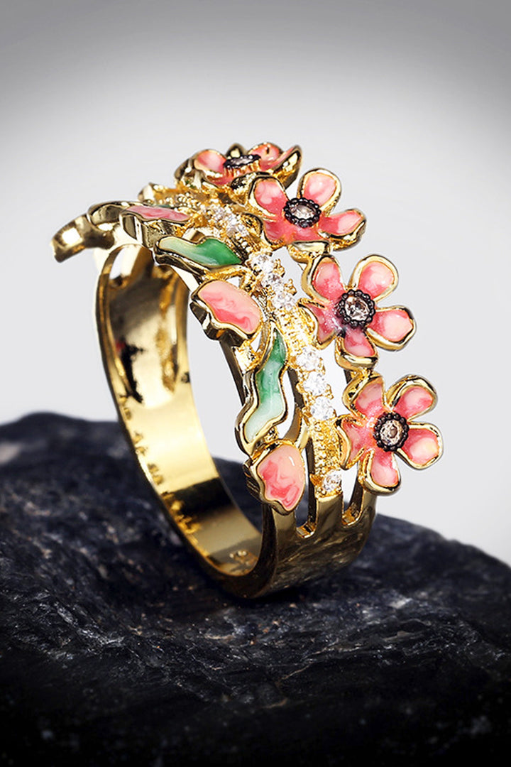 Y2K Gold Enamel Floral Decor Ring, Pink Flower Detailing Zircon Encrusted Ring (48 Hour Dispatch)