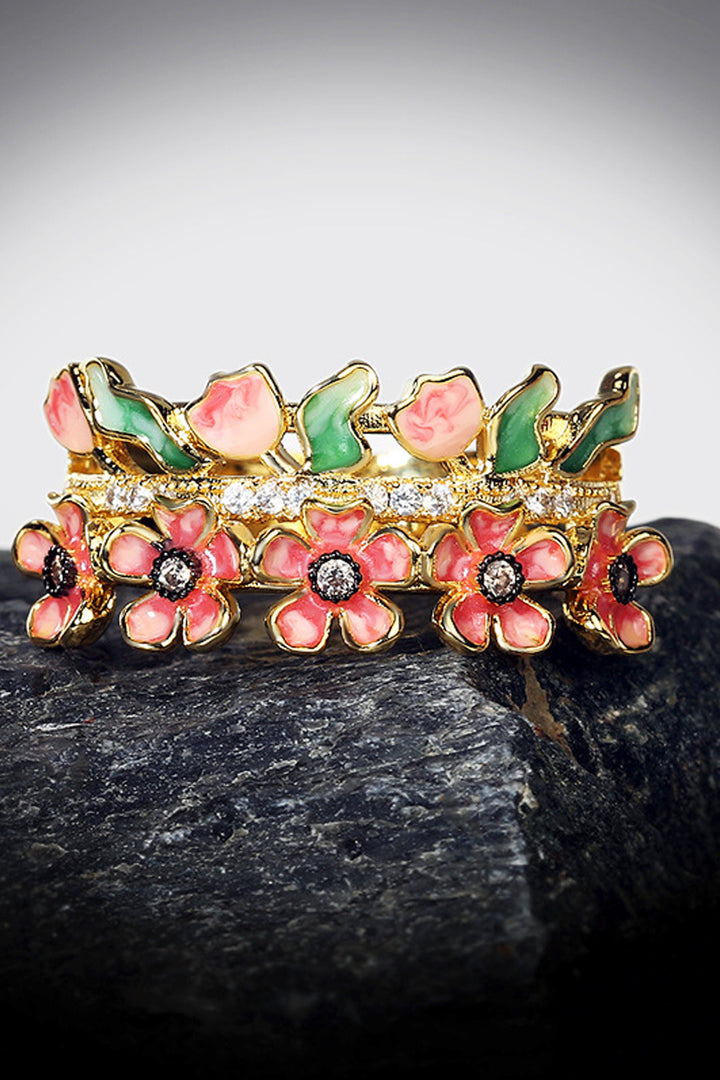 Y2K Gold Enamel Floral Decor Ring, Pink Flower Detailing Zircon Encrusted Ring (48 Hour Dispatch)