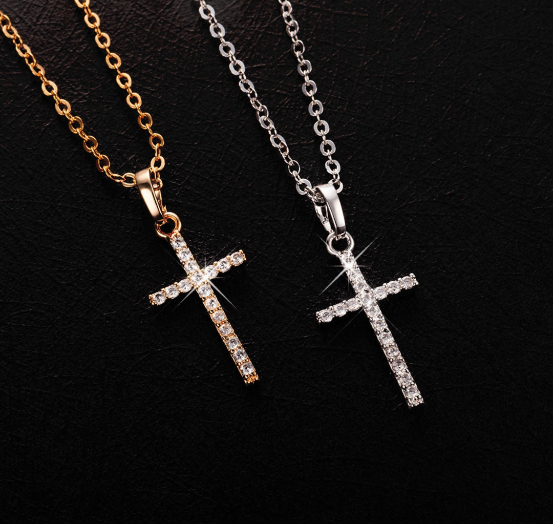 Crystal Cross, Silver Cross Pendant Necklace, Gold Cross Necklace, Simple Cross Necklace, Velvet Choker with Cross (48 Hour Dispatch)