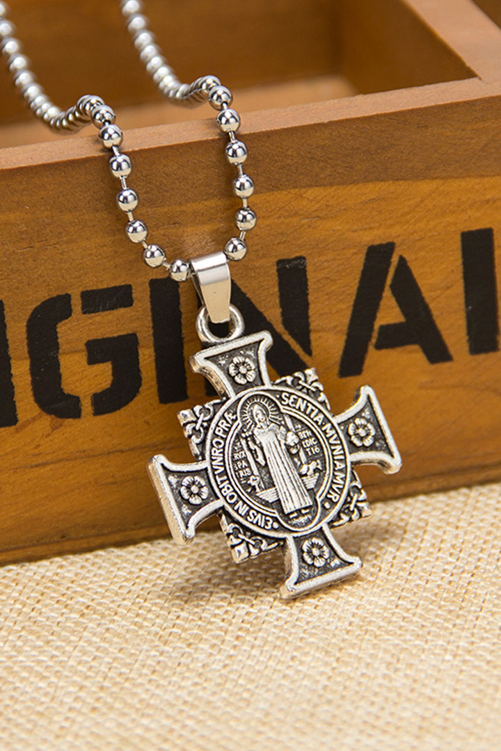 Silver Saint Benedict Jesus Cross Crucifix Pendant Chain Necklace, Christian Chunky Chain Necklace (48 Hour Dispatch)