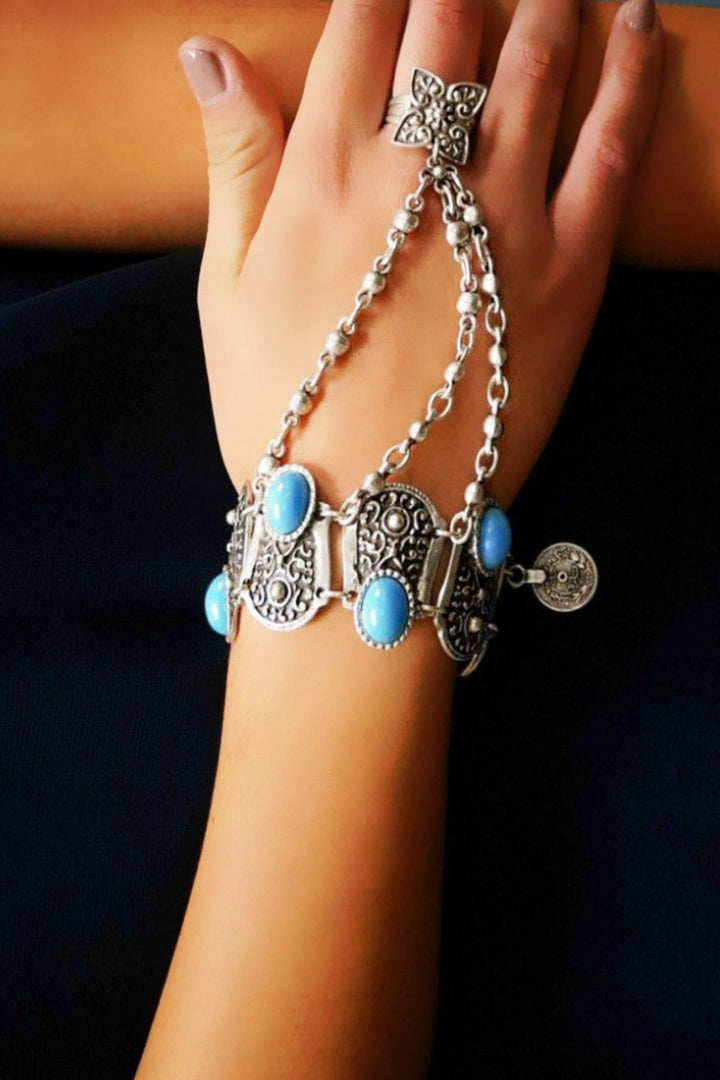 Bohemian Finger Chain Bracelet, Turquoise Bead, Silver Bracelet, Gypsy, Turkish, Indian, Bracelet, Tribal Ethnic, Boho Jewellery,  Gift Idea (48 Hour Dispatch)