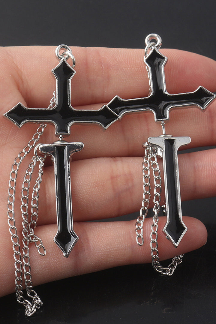 Y2K Silver & Black Crucifix Cross Jacket Stud Earrings, Metal Chain Detailing, Chunky Earrings (48 Hour Dispatch)