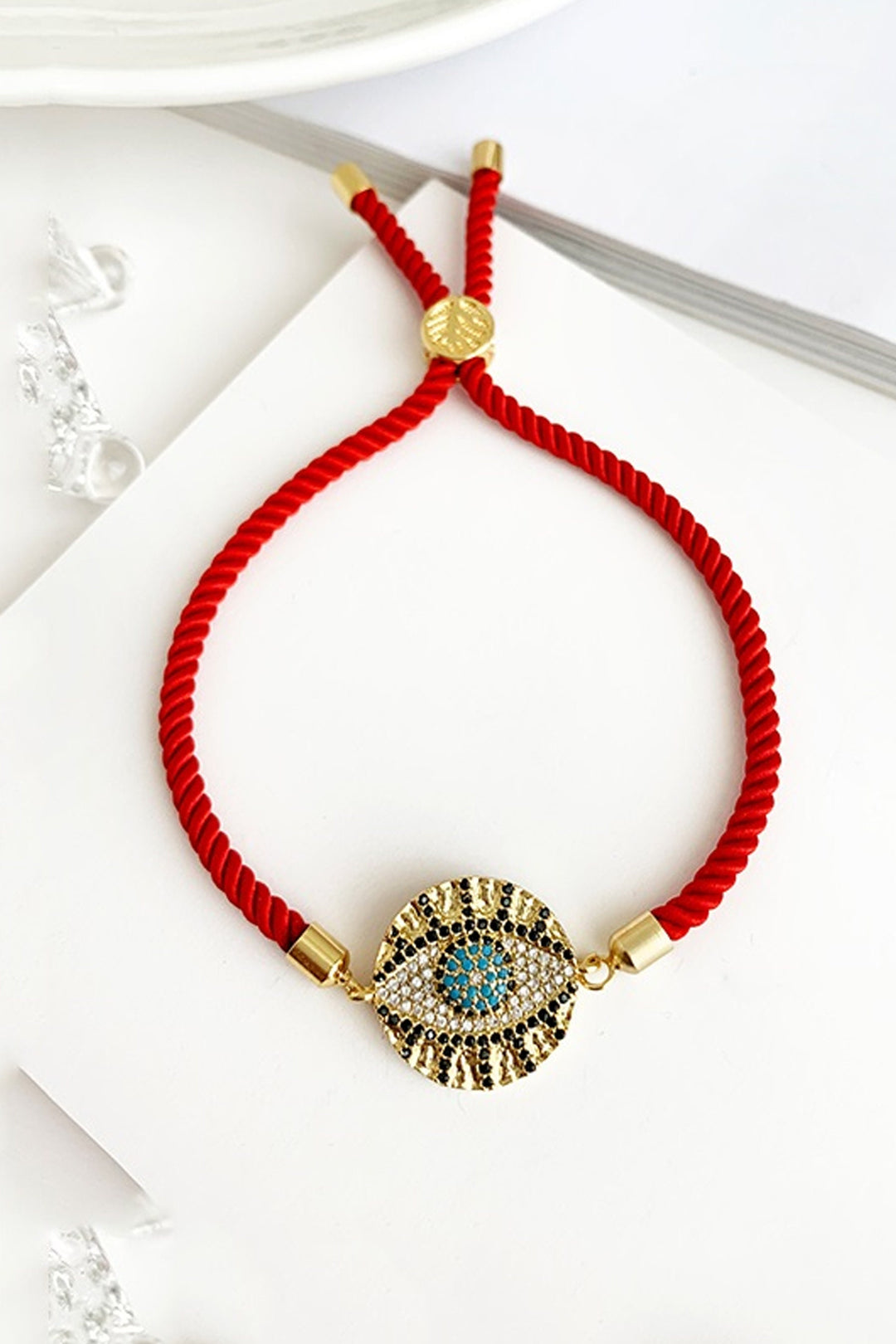 Evil Eye Copper Inlay Cubic Zirconia Bracelet, Gold Charm Bracelet, Available in Black, Red & Gold  (48 Hour Dispatch)