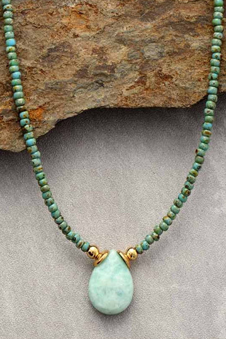 Y2K Pear Shaped Gem Stone Crystal Pendants Beaded Choker Necklace, Tumble Stone Healing Crystal Necklace, Available in Amazonite & Jasper (48 Hour Dispatch)