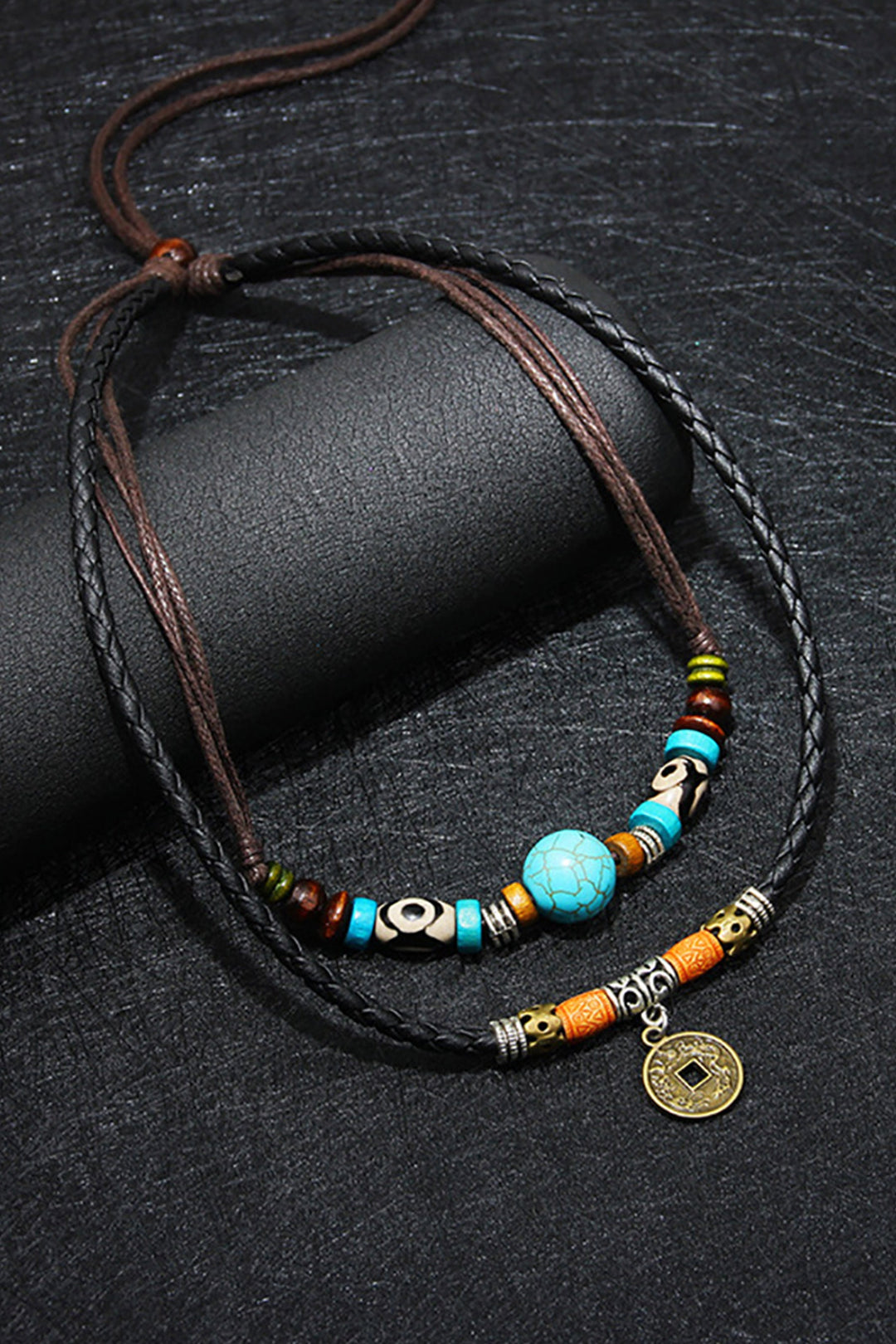 Vegan Leather Beaded Turquoise Gemstone Coin Decor Rope Chain Necklace, Men's Y2K Surfer Necklaces  (48 Hour Dispatch)