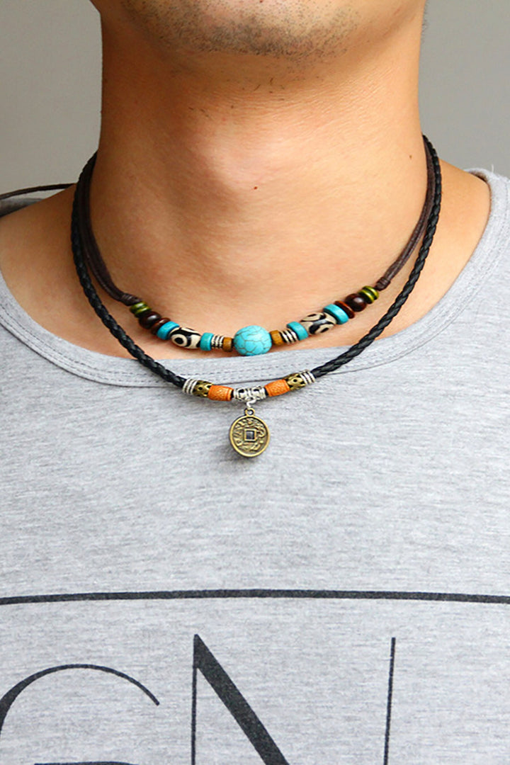 Vegan Leather Beaded Turquoise Gemstone Coin Decor Rope Chain Necklace, Men's Y2K Surfer Necklaces  (48 Hour Dispatch)