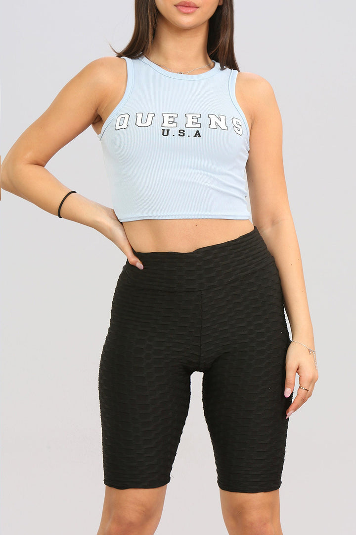 Queens Ribbed Jersey Racer Back Crop Top, Graphic Cropped Tee, Available in Bubblegum Pink & Powder Blue