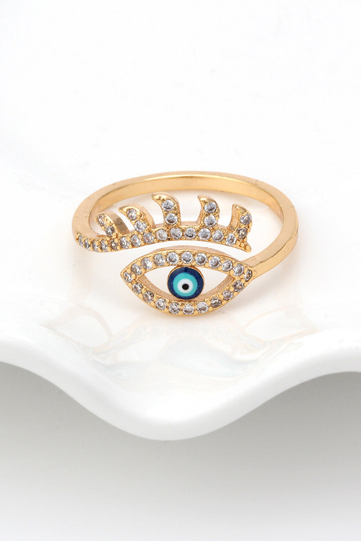 Gold & Blue Evil Eye Crystal Rhinestone Decor Charm Ring, Women's Carved Ring  (48 Hour Dispatch)