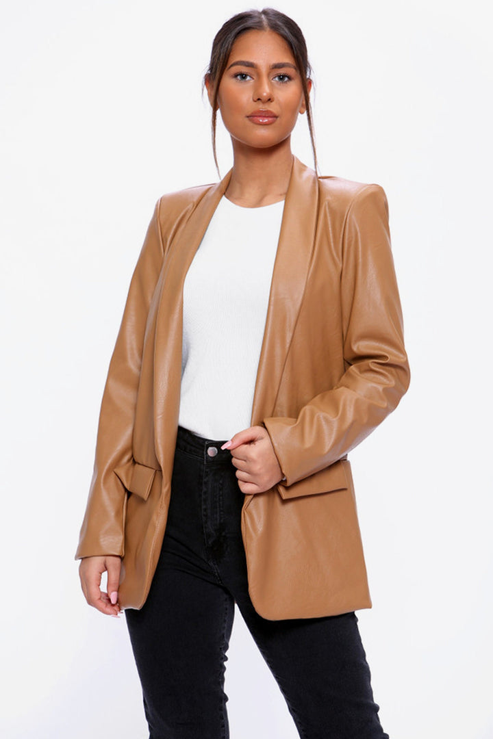 Glossy Vegan Leather Blazer, Patent Faux Leather Artificial PU Jacket, Front Pockets, Available in Tan Brown & Black