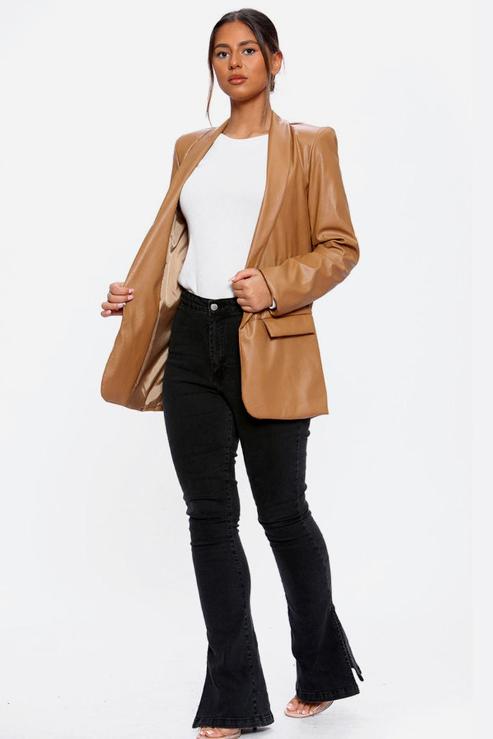 Glossy Vegan Leather Blazer, Patent Faux Leather Artificial PU Jacket, Front Pockets, Available in Tan Brown & Black