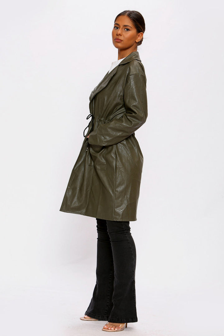 Vegan Leather Front Tie Duster Coat, Patent Glossy Faux Leather Artificial PU Jacket, Front Pockets, Available in Khaki Green & Black