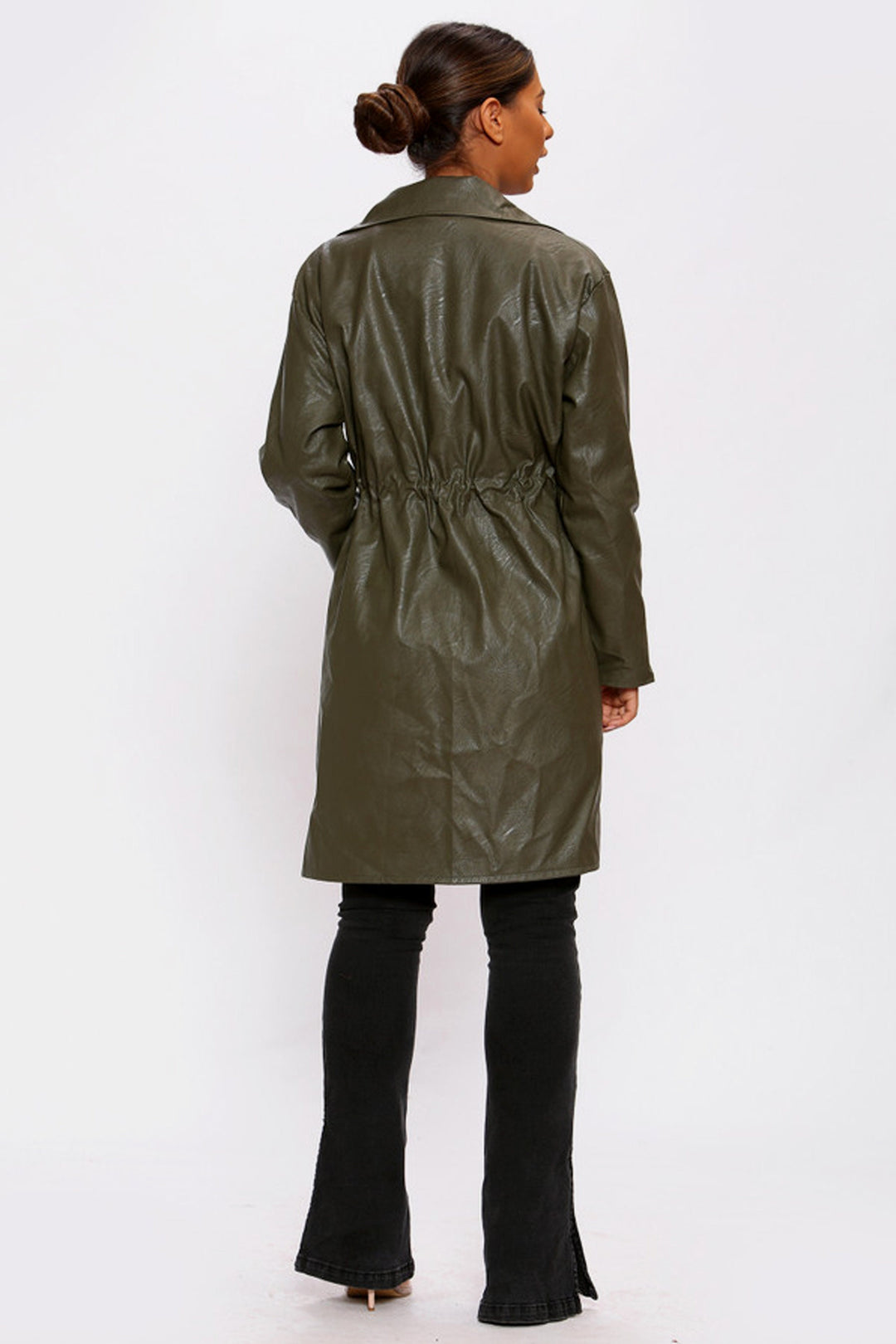 Vegan Leather Front Tie Duster Coat, Patent Glossy Faux Leather Artificial PU Jacket, Front Pockets, Available in Khaki Green & Black