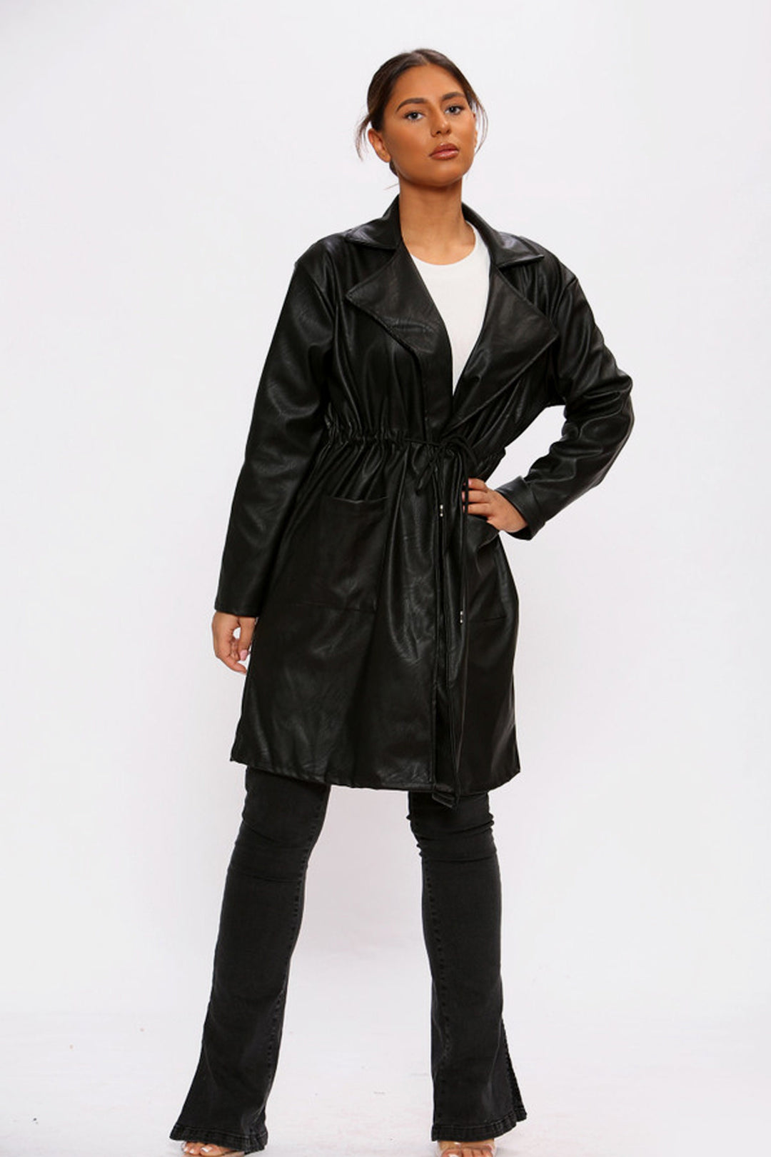 Vegan Leather Front Tie Duster Coat, Patent Glossy Faux Leather Artificial PU Jacket, Front Pockets, Available in Khaki Green & Black