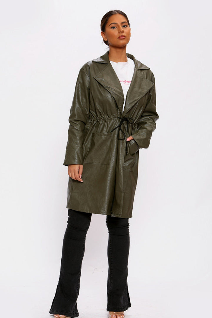 Vegan Leather Front Tie Duster Coat, Patent Glossy Faux Leather Artificial PU Jacket, Front Pockets, Available in Khaki Green & Black