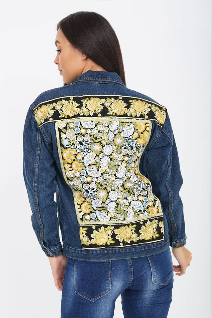 Y2K Embroidered Dark Blue Wash Denim Jacket, Available in Gold & Silver Design