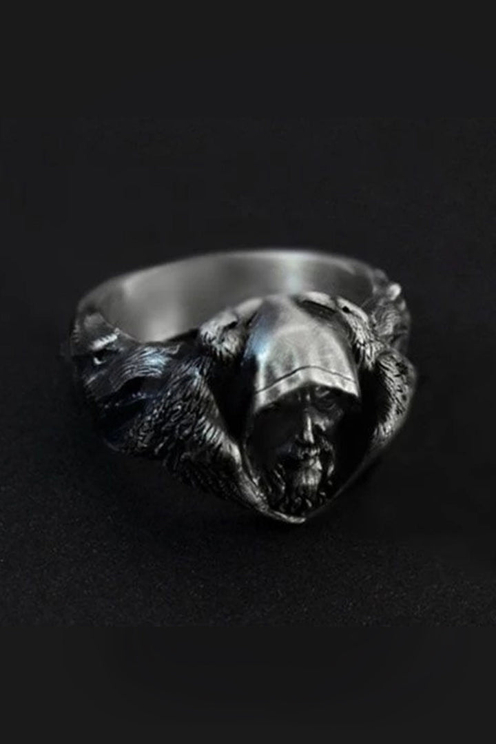 Norse Mythology Silver Viking Ring, Chunky Odin Sculpted Stainless Steel Ring (48 Hour Dispatch)