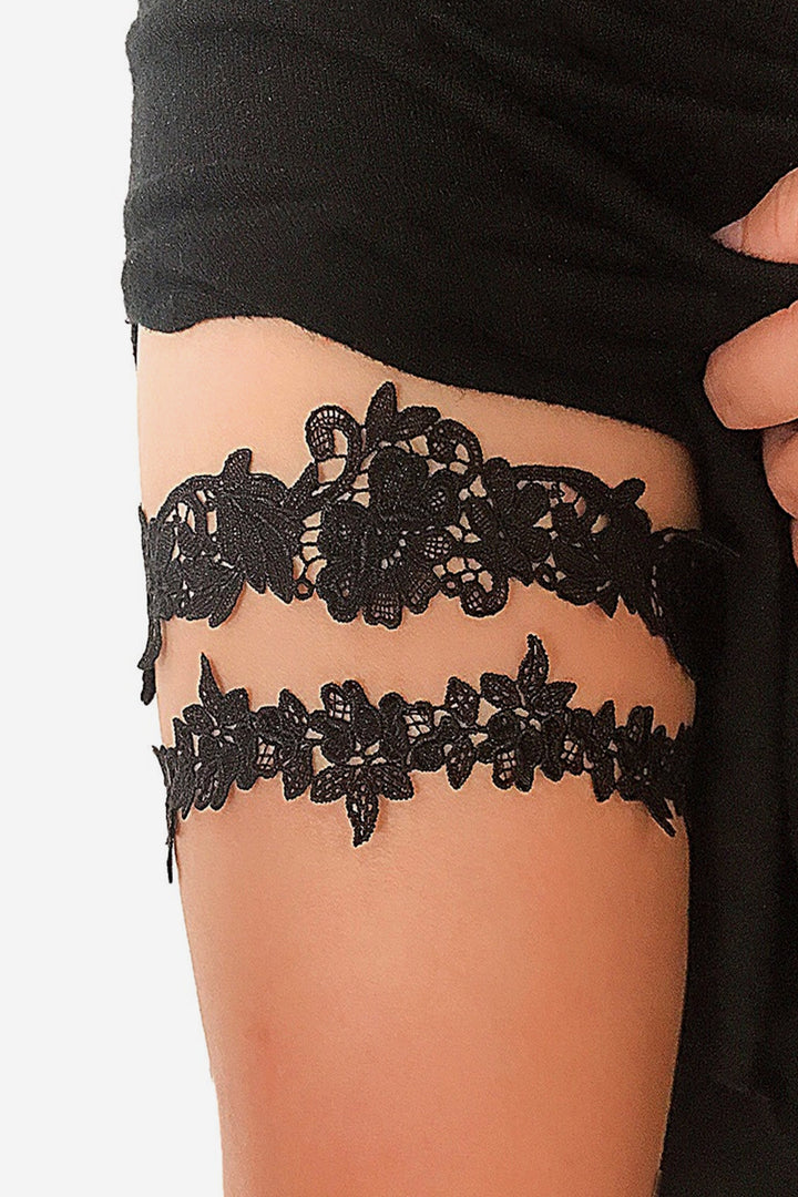 Black Two Piece Floral Lace Garter, Rose Flower Elastic Garter Thigh Belt, Leg Chain, Body Jewellery (48 Hour Dispatch)