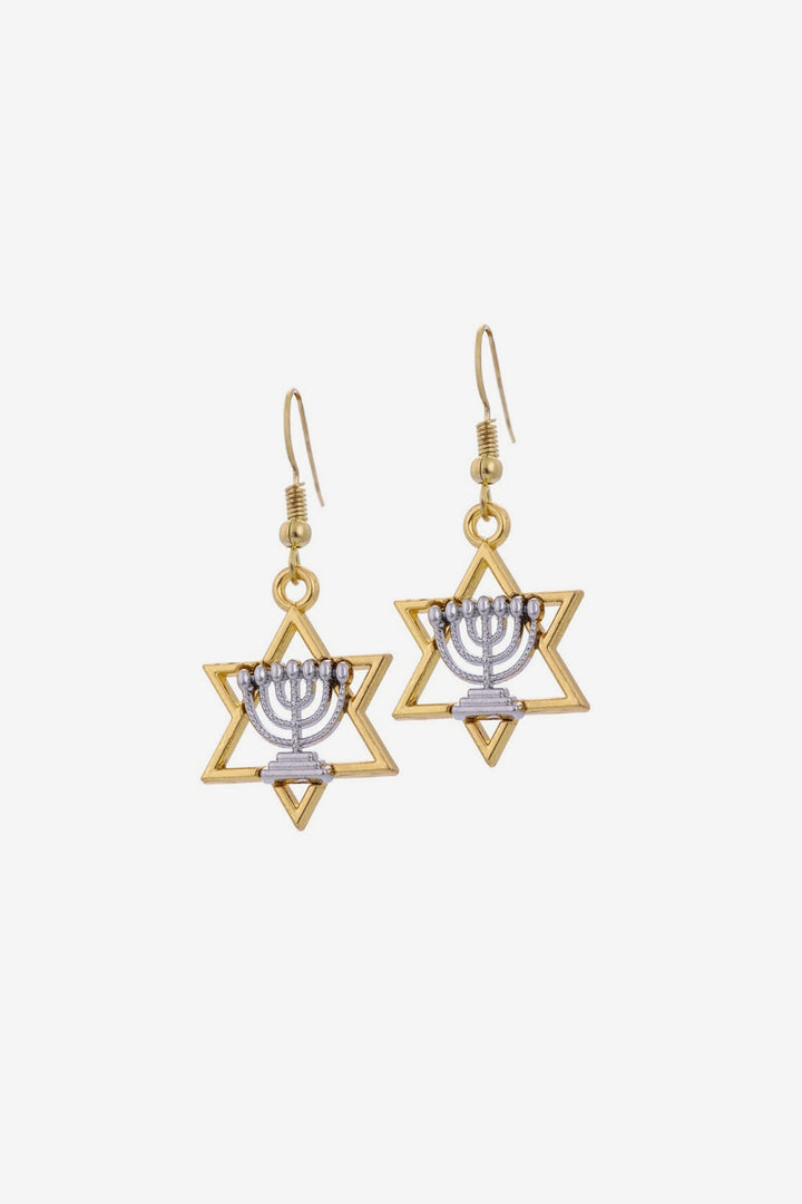 Silver & Gold Menorah Judaica Dangle Drop Earrings, Star of David Earrings, Jewish Pendant Charm Earrings (48 Hour Dispatch)