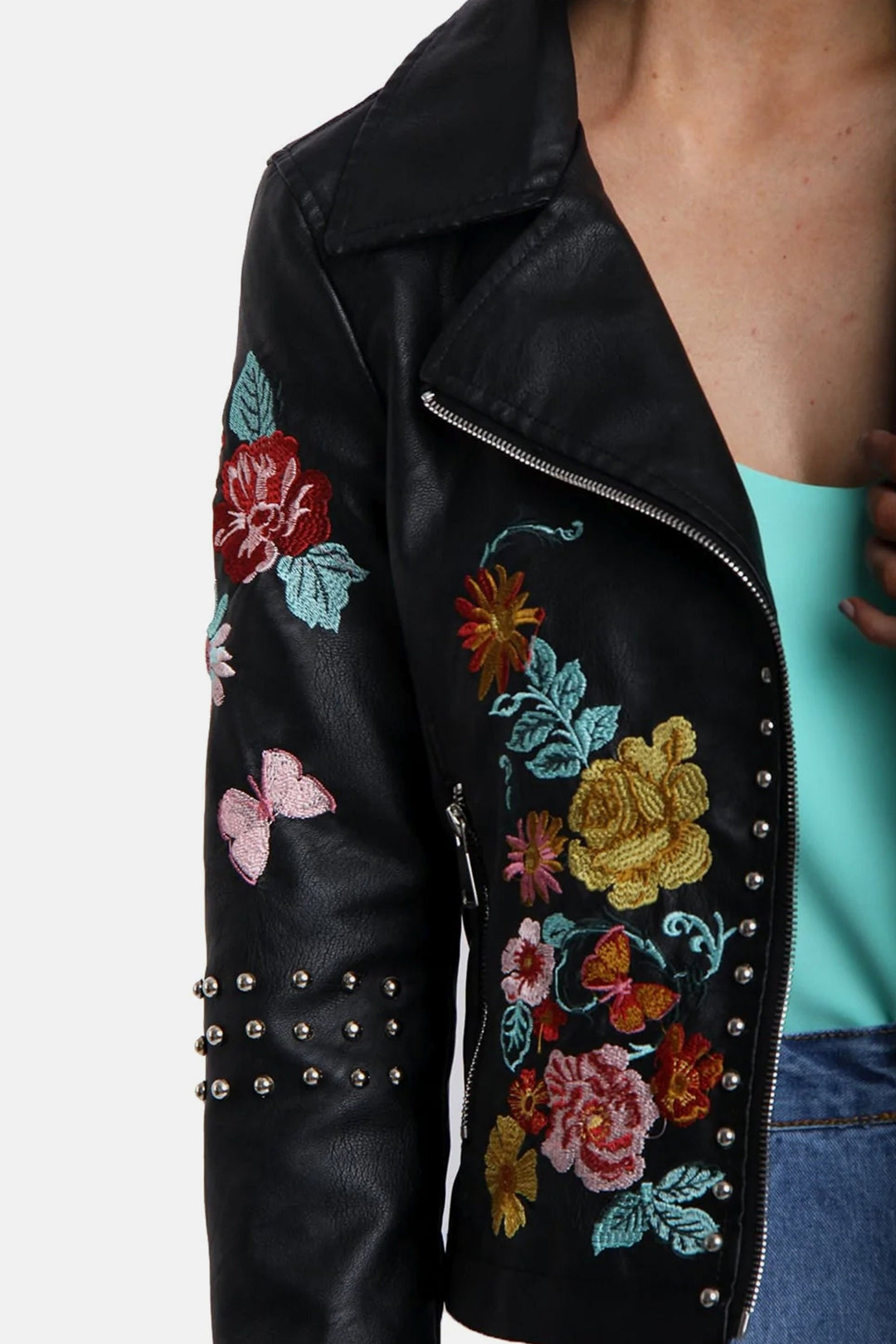 Vegan Leather Floral Embroidered Studded Detail Biker Jacket, Black Faux Leather Jacket, Metal Studded Jacket