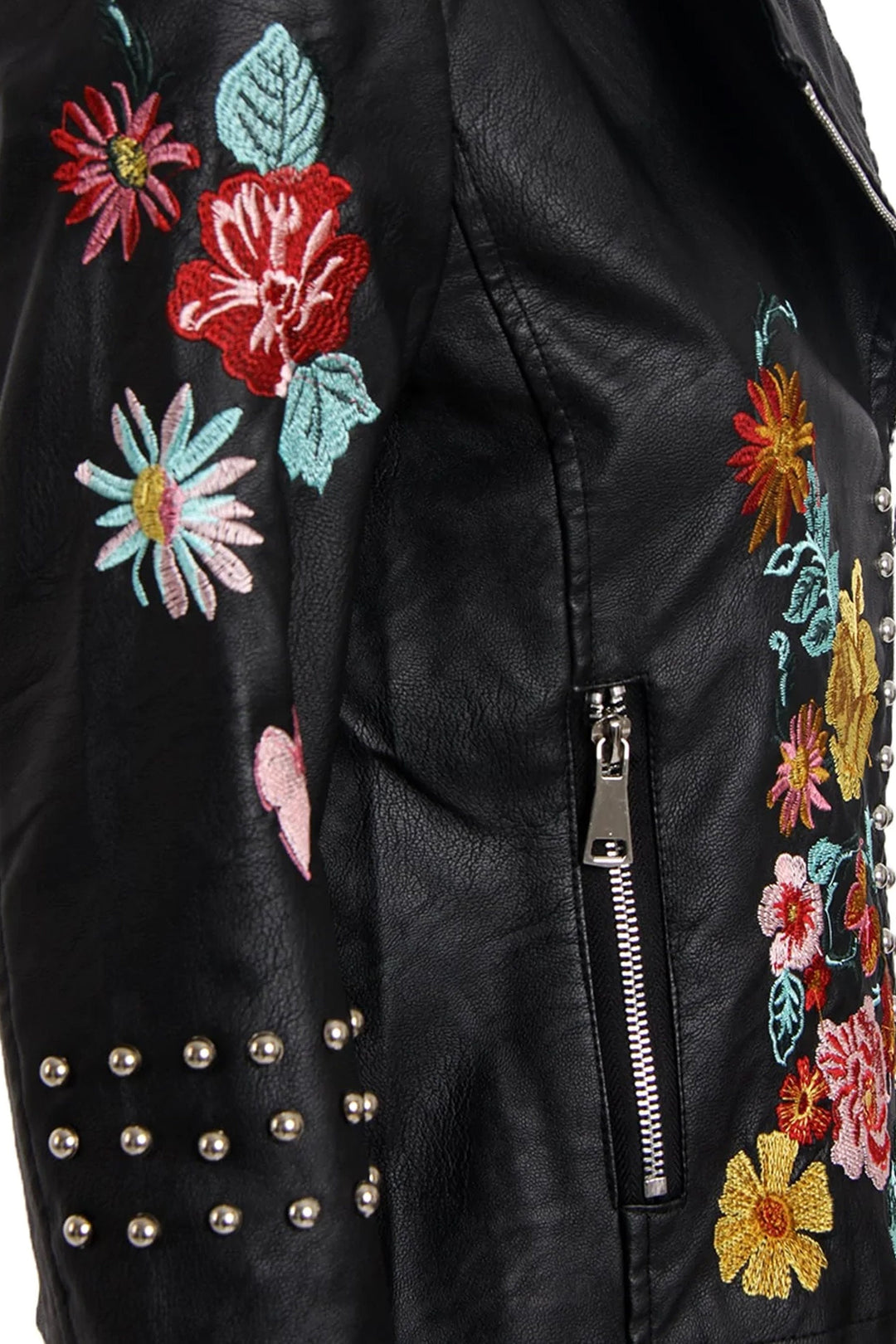 Vegan Leather Floral Embroidered Studded Detail Biker Jacket, Black Faux Leather Jacket, Metal Studded Jacket