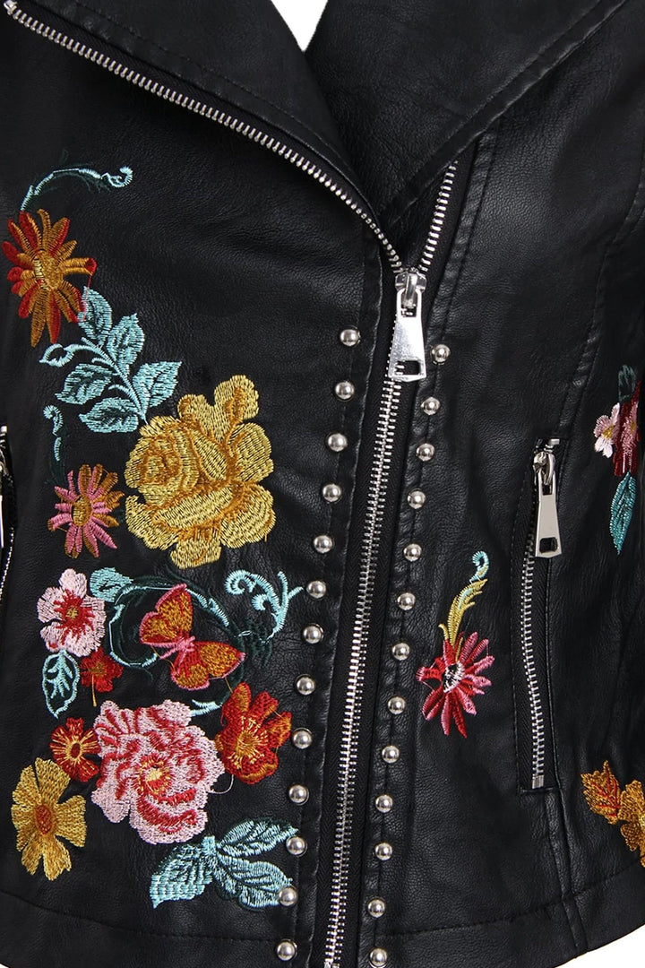 Vegan Leather Floral Embroidered Studded Detail Biker Jacket, Black Faux Leather Jacket, Metal Studded Jacket