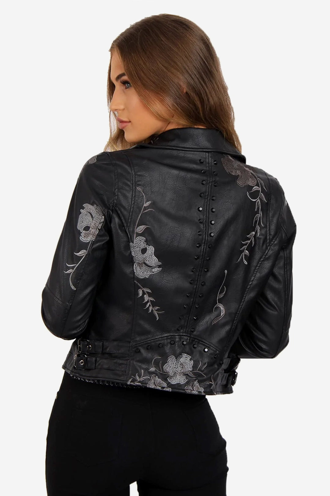 Black Vegan Leather Floral Embroidered Studded Detail Biker Jacket, Faux Leather Embroidery Detailing Jacket, Available in Silver & Black